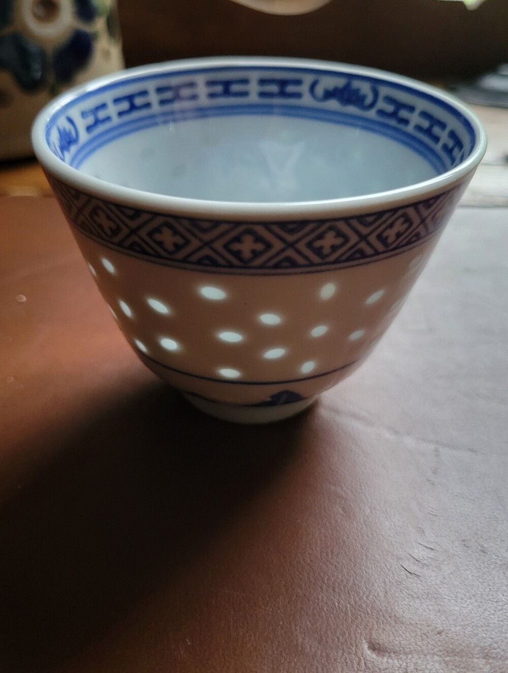 Vintage Porcelain Rice Grain Tea Sake cup CHINA Hand Painted Blue White